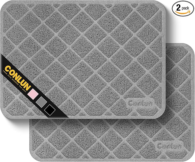 Conlun Cat Litter Mat Litter Trapping Mat, 24" x 17" Premium Durable PVC Grid Mesh with Scatter Control, Non-slip, Less Waste Cat Litter Box Mat, Grey 2 Pack