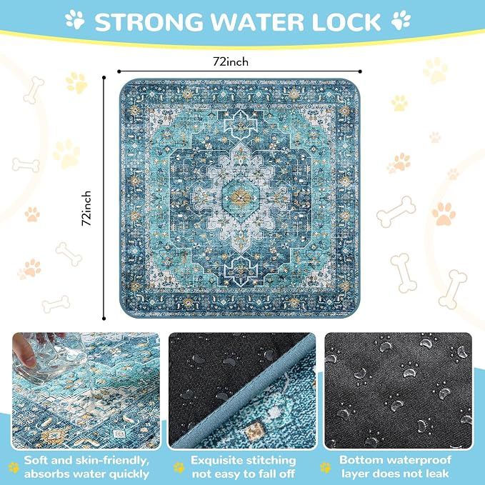 Lahome Extra-Large Washable Dog Pee Pads (72"x72") - Super Absorbent & Waterproof - Leakproof Reusable Mat for Playpens, Beds & Whelping, Convenient Cleanup,Blue