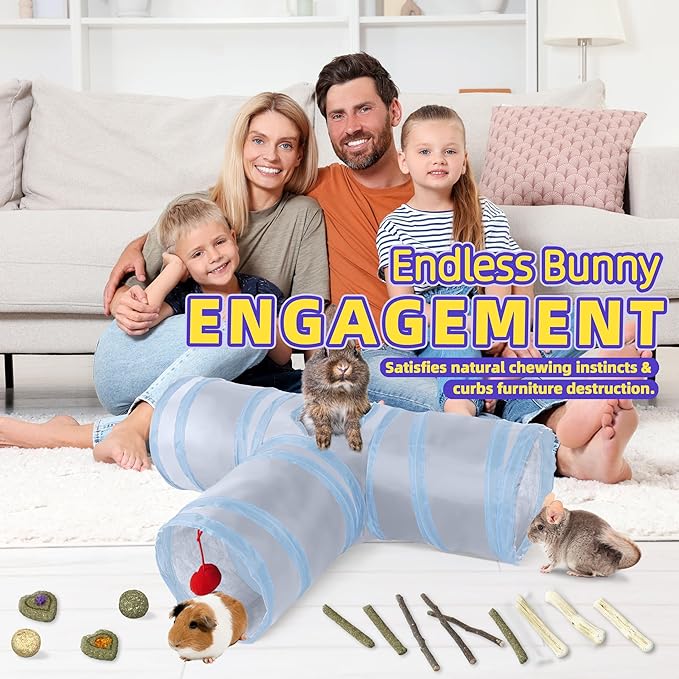Bunny Tunnels & Tubes Collapsible 3 Way Rabbit Hideout with 13pcs Toys for Bunny Guinea Pig Hamster Chinchilla Hedgehog Rat Ferret Kitten (GY&BU)