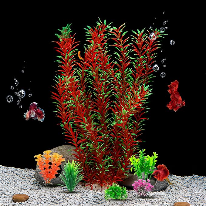 CousDUoBe 21 Inch Aquarium Plants Set Tall Fish Tank Plants – Realistic Artificial Fish Tank Decorations (1 Pcs Large Green Fish Tank Plants, 5 Pcs Small Plants)