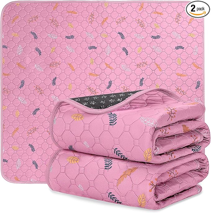 Sunheir Washable Pee Pads for Dogs 2-Pack Reusable Puppy Pads Pet Training Pads, Waterproof Dog Pee Pads for Crate, Whelping Pad, Non-Slip Protects Against Urine Leakage (Leaves - Pink, 18x24)