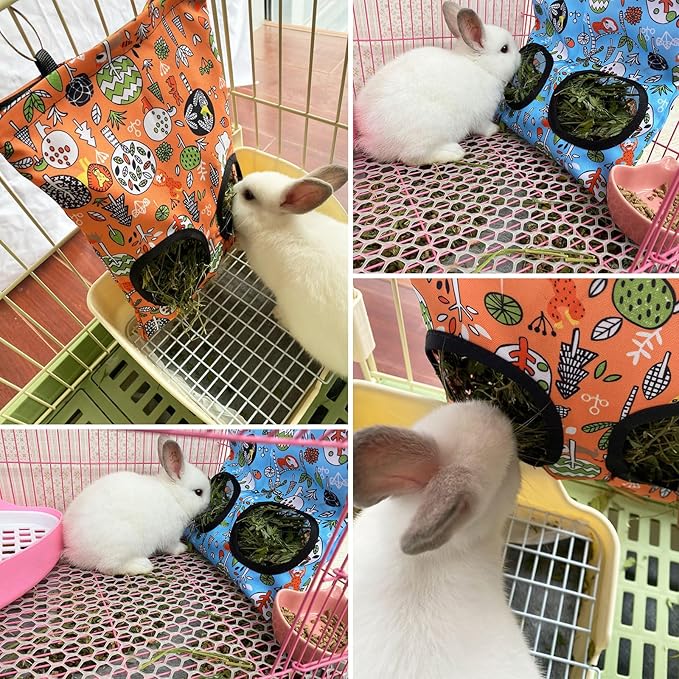 Rabbit Hay Feeder Bag, Guinea Pig Hay Feeder for Cage Small Animal Hanging Feeding Bags Rabbit Hay Dispenser Storage for Rabbits Guinea Pigs Bunnies Chinchillas (Orange,Light Blue, 2 Hole)
