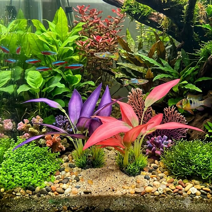 2 Pack Silk Aquarium Plants, 8 Inch Fish Tank Decor | Artificial Fish Tank Plants, Stable Rock Base, Soft Fabric Leaves, For Betta, Goldfish, Tropical Freshwater Aquariums