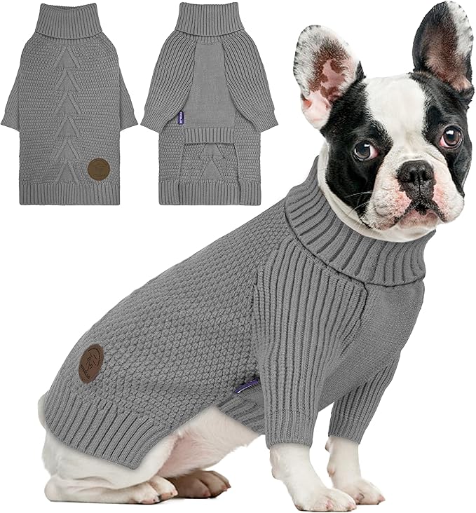 cyeollo Dog Sweater Warm Turtleneck Knitted Sweaters with Long Sleeves Winter Dog Clothes Sweaters for Dogs, Grey L