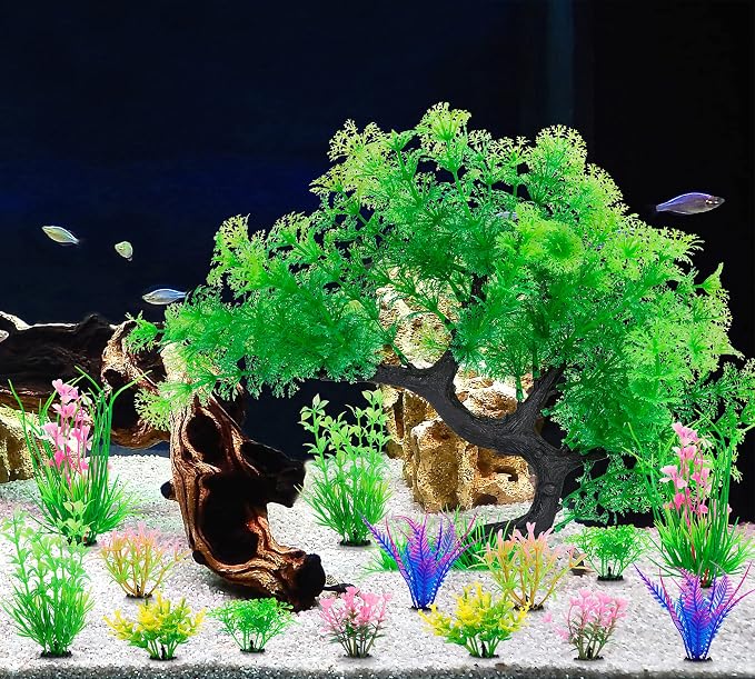 MyLifeUNIT Fish Tank Decorations, 15 Pack Artificial Aquarium Plants Tree Set for Fish Tank Decor (Green Set)