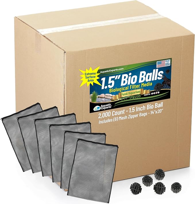 Aquatic Experts 1.5" Large Bio Balls for Ponds – Biological Filter Media for Waterfalls & Outdoor Pond Filters, Treats Up to 6,600 Gallons (2000 Count Bulk Box + Six 14" x 20" Mesh Bags)