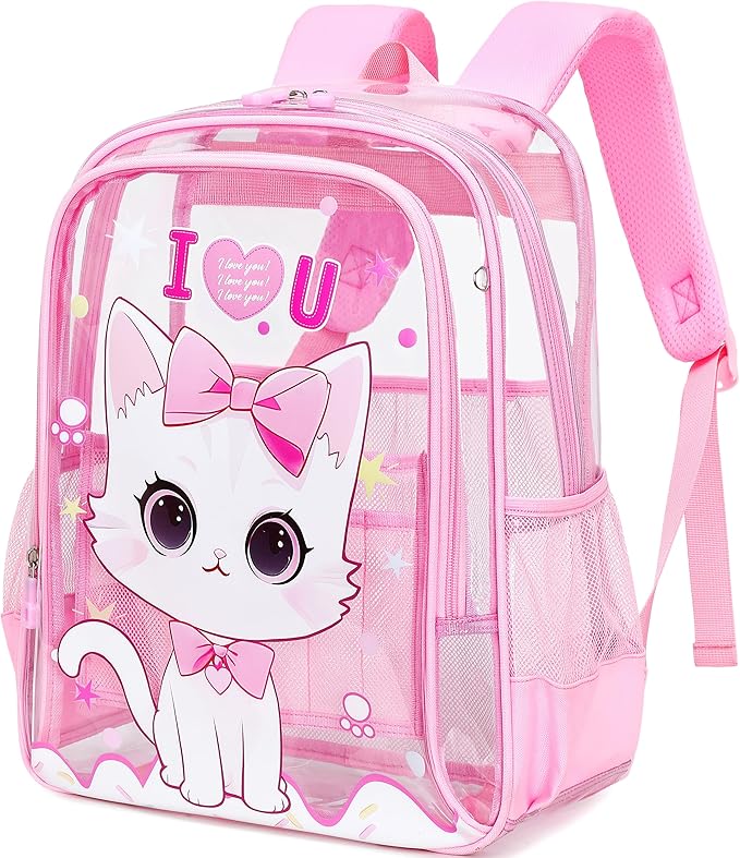 AO ALI VICTORY Clear Backpack for School,PVC Transparent Kids Bookbag for Girls Boys Cute Toddler Back Pack Kindergarten Elementary Schoolbag Stadium Approved See Through Backpacks,Pink Cat