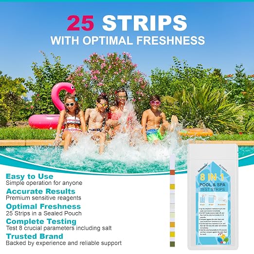 Salt-Water Pool Test Strips Kit: 25 Counts 8-in-1 for Salt Water Pool Testing Kit, Salt Pool Test Strips for Hot Tub Spa Testing Salt Chlorine pH and More