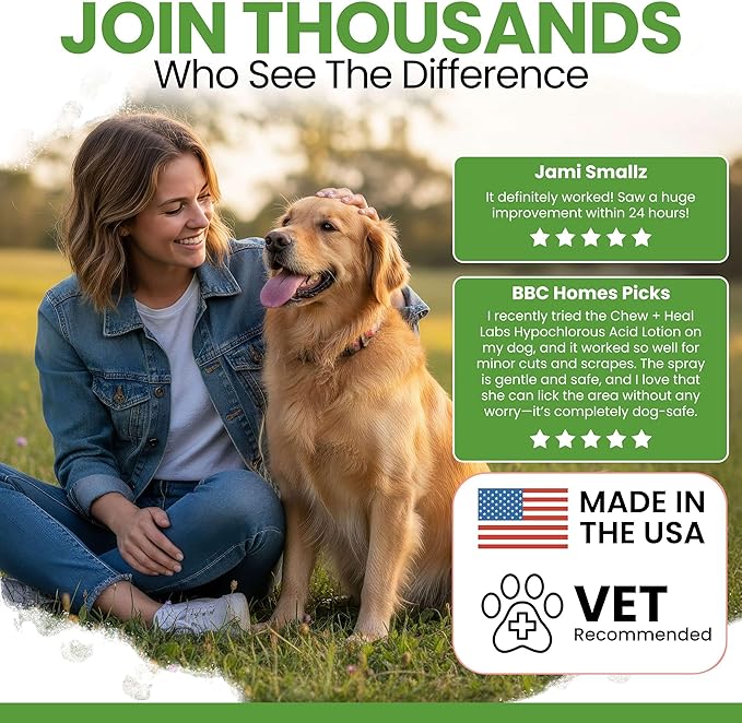 Chew + Heal Labs Hypochlorous Acid Spray for Dogs – 8oz Dog Wound Spray for Cuts, Burns, Sores, Abrasions, and More – Non Toxic and Chemical Free HOCI Wound Care – Made in The USA