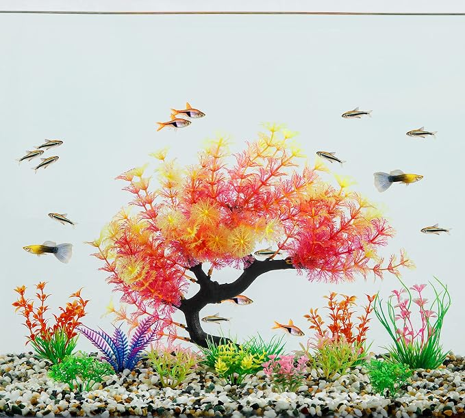 MyLifeUNIT Fish Tank Decorations, 15 Pack Artificial Aquarium Plants Tree Set for Fish Tank Decor (Pink Set)