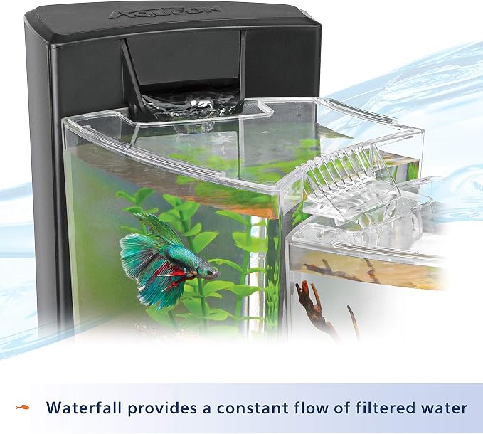 Aqueon Betta Falls 3 Section Aquarium Fish Tank With QuietFlow Power Filtration, Black