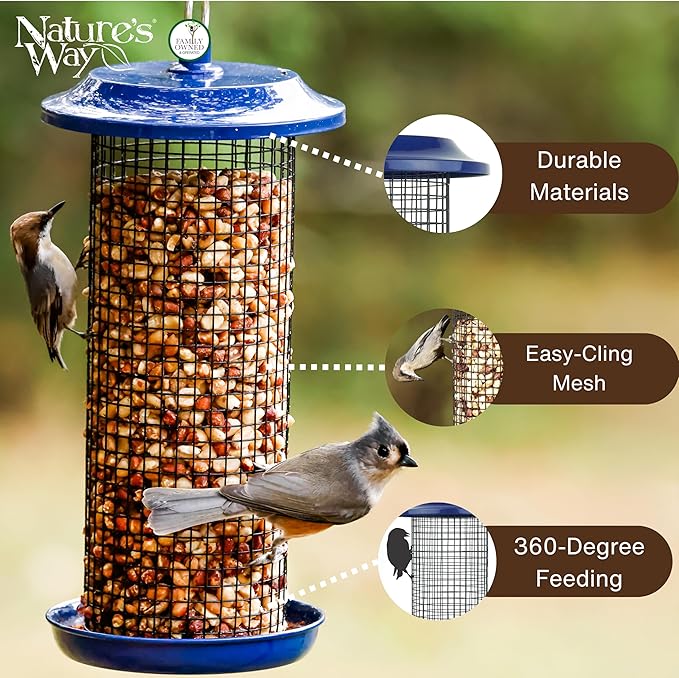 Nature's Way Cobalt Metal Mesh Mixed Seed and Peanut Bird Feeder for Wild Birds and Outdoor Décor, 2 Quart Capacity, Easy to Clean and Fill with Easy-Cling Mesh, Blue