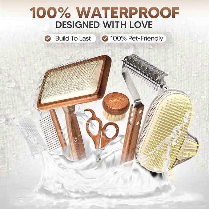 Premium Waterproof Pet Grooming Kit for Dogs & Cats – Wooden Handle Slicker Brush, Deshedding Comb & Nail Clipper – Professional Dog Grooming Supplies Set with Canvas Pouch | USA Brand