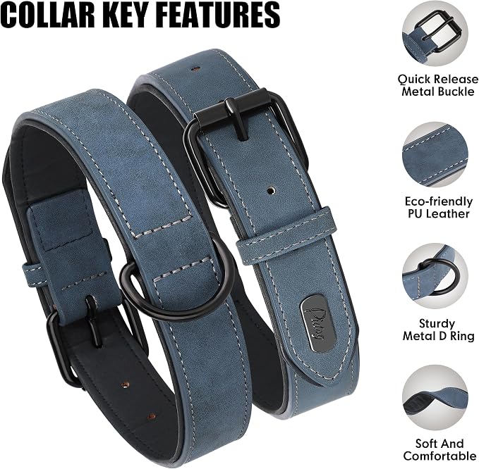 Didog Soft Padded PU Leather Dog Collar, Breathable and Adjustable Dog Collars for Medium Dogs, Comfortable for Daily Walk, Blue, L Fit Neck 14-18"(22-44 lbs)