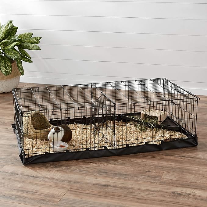 Amazon Basics Leakproof Canvas Bottom Guinea Pig Cage, Easy to Clean Small Animal Habitat with Divider Set, Indoor/Outdoor, Portable, No Tools Needed, 47.6"L x 24.2"W x 14"H, Black