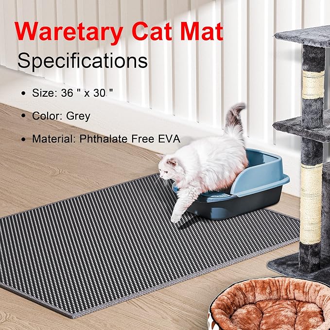 Waretary Cat Litter Box Mat: 36"x 30" Waterproof Kitty Cat Litter Trapping Mat, Easy-clean Double-layer Scatter Control Pad Rug (Grey)