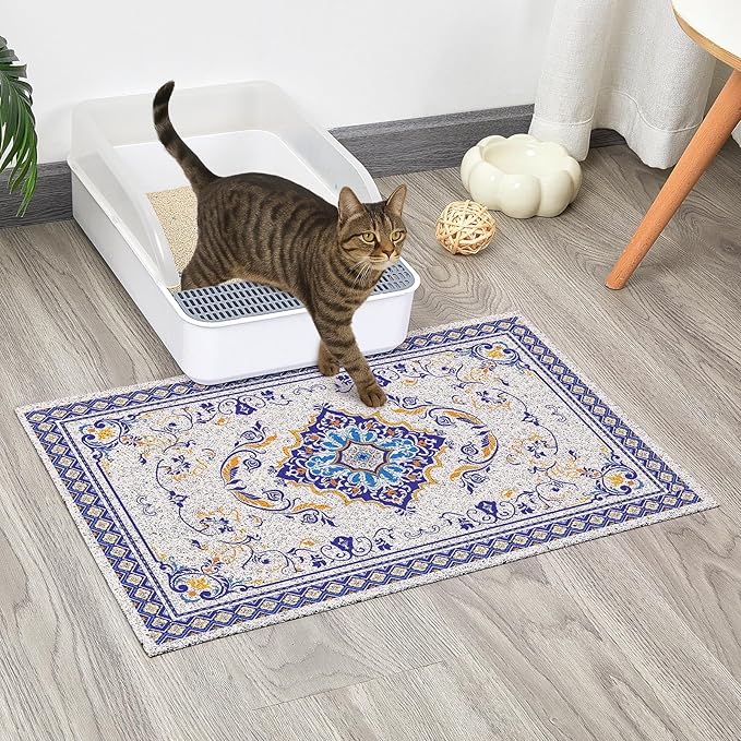 Glittme Cat Litter Mat with Non-Slip Bottom Litter Box Mat 24"x15" Litter Trapping Mat Easy to Clean Washable Cat Food Mat for Kitty,S