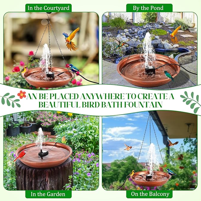 24.8 Extra Large Hanging Bird Bath with 8W Fountain Pump, 14" Copper Metal Bird Bath Bowl with Adjustable 3 Water Flow Modes and 2 Spray Nozzles, Birdbath Feeder for Outdoor Garden Backyard Patio Lawn