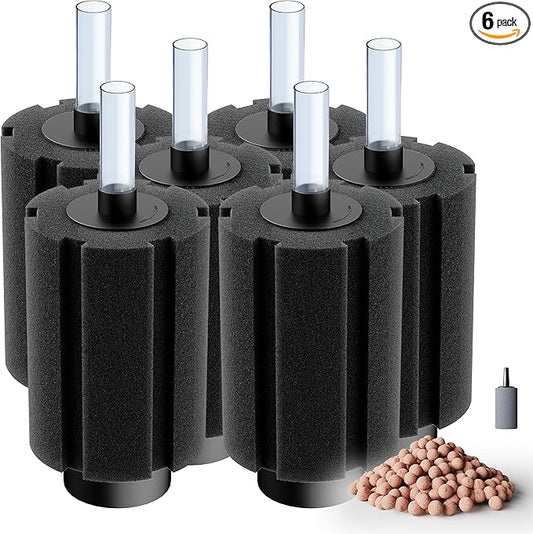 Aquarium 80-150 Gallon 6 Pack Sponge Filter with Air Stone and Ceramic Media Quiet Fish Tank Filters fit Breeding Fry Betta Shrimp Fish Tank