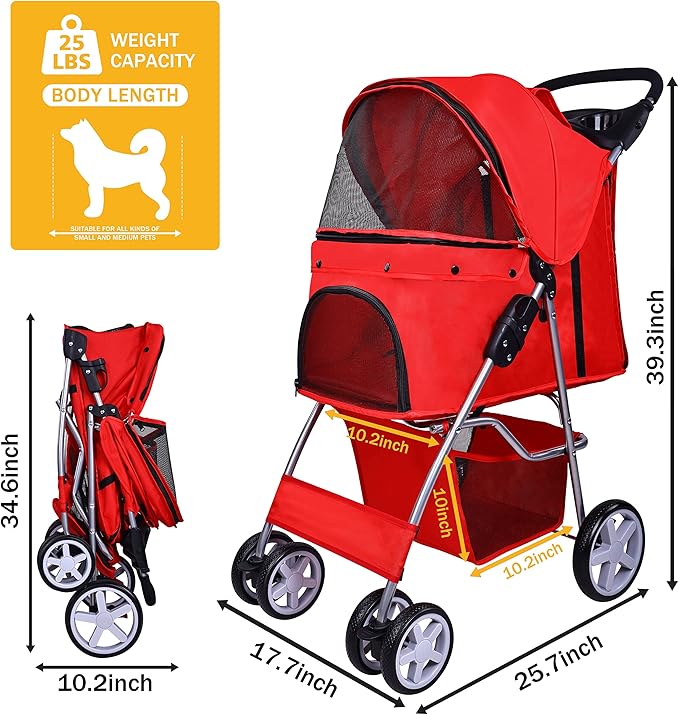 Elevon Pet Stroller, 4 Wheels Multifunction Dog Cat Stroller, Folding Portable Travel Stroller with Detachable Carrier, Suitable for Medium Small Dogs Cats, Red