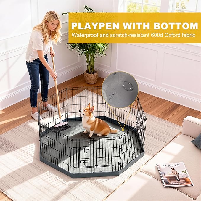 Foldable Dog Playpen, 24x30in 8 Panels Metal Pet Exercise Fence with Botton Pad, Dog Play Pen for Indoor Outdoor, Heavy-Duty Pet Fence Puppy Crate Kennel with Door for Small Medium Pets
