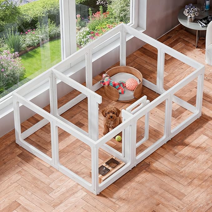 Transparent Indoor Dog Playpen with Safety Lock, Indoor Dog Fence for Small & Medium Pets | Secure, Stylish, Easy Clean Play Pen for Dogs & Pets with Scratch Resistant Panels (White, 12 Panels)