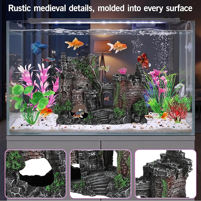 MyLifeUNIT 6 Pieces Fish Tank Decor & Plants for Betta Hide Play Rest | Medieval Ruin Castle, 5 Colorful Aquarium Plants, Resin & Soft Plastic, Weighted Bases, Fits 5-15 Gal Tanks