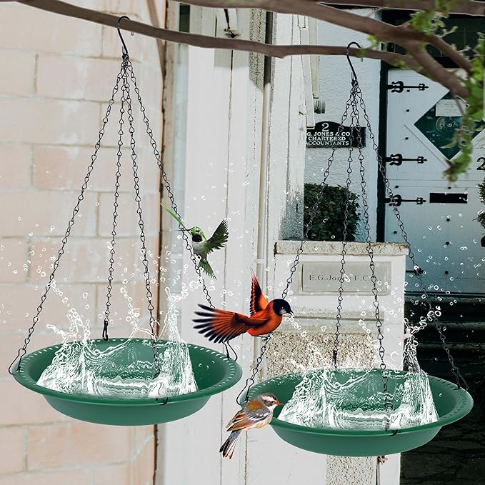 OVZILKI Bird Baths for Outdoors Heavy Duty, 16 inch BirdBath Bowl Only with Rust-Proof Black Chains, Hanging Bird Bath Hanging Bird-Feeder for Garden Backyard Decor (Green 1 Pack)