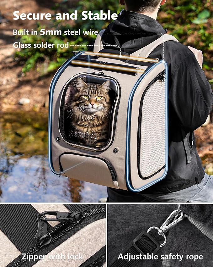Pecute Cat Backpack Carrier XL, Large Space Cat Bubble Backpack, Breathable Cat Carrier, Shaded Dog Backpack Carrier, Ergonomic 3D Design for Travel, Hiking, Suitable for Shopping, and Vet, Khaki