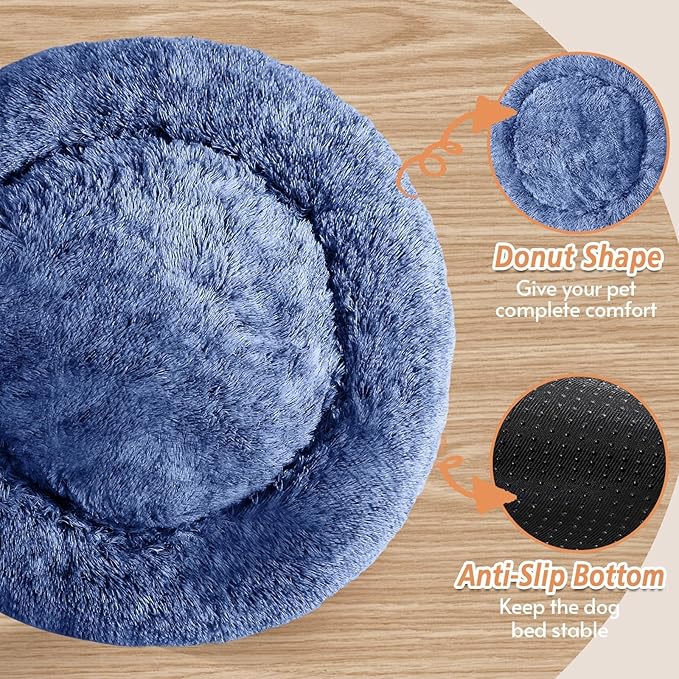 JOLLYVOGUE Calming Dog Bed Medium Size Dog, 31in Donut Washable Medium Pet Bed, Anti-Slip & Anti-Anxiety Fluffy Faux Fur Round Dogs Bed, Fits up to 45 lbs Pets (Navy Blue)