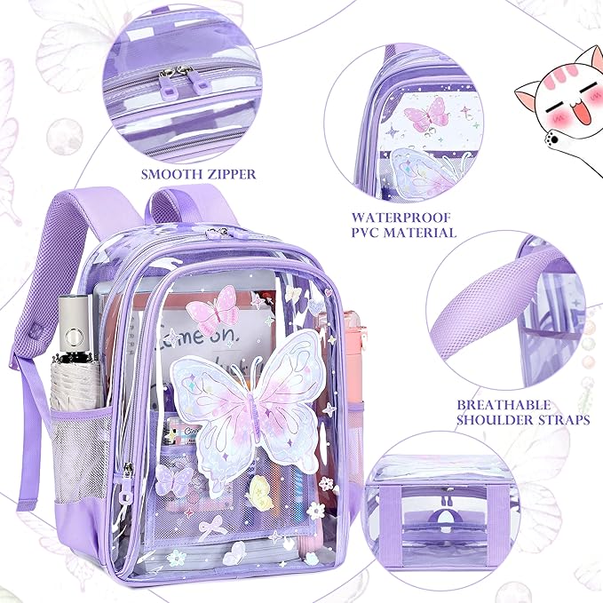 AO ALI VICTORY Clear Backpack for School,PVC Transparent Kids Bookbag for Girls Boys Cute Toddler Back Pack Kindergarten Elementary Schoolbag Stadium Approved See Through Backpacks, Purple Butterfly