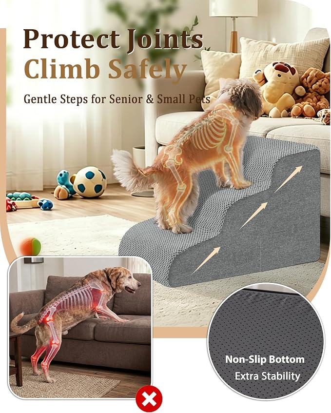 Dog Stairs for Bed & Couch, 15.7"H 3-Step High Density Foam Dog Steps for Small & Senior Dogs, Non-Slip Stable Pet Stairs for Sofa, Bedside, Balanced Bedroom Doggy Ramp with Removable Cover