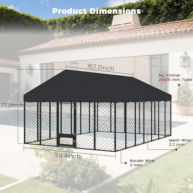 10x14×6.4 FT Heavy Duty Dog Kennel Outdoor with Secure Double Locks and Waterproof & UV Resistant Roof Cover,All Weather Resistant Anti-Rust Metal Enclosure for Large Dogs