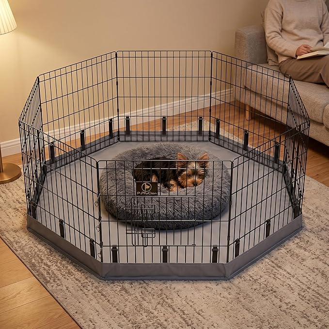 PJYuCien Dog Playpen with Bottom Pad - Metal Foldable Exercise Pen, 8 Panels 24" H x 24" W Indoor Outdoor Pet Fence Puppy Crate Kennel, Gray