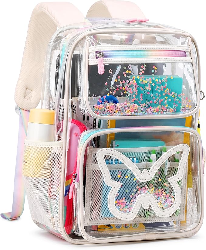 Clear Backpack for School,Large Bookbag Heavy Duty See Through Butterfly Backpacks for Girls Stadium Approved Daypack Transparent Shoulder Bags for Students,Teens,Women,Work,Travel,Concert Off White