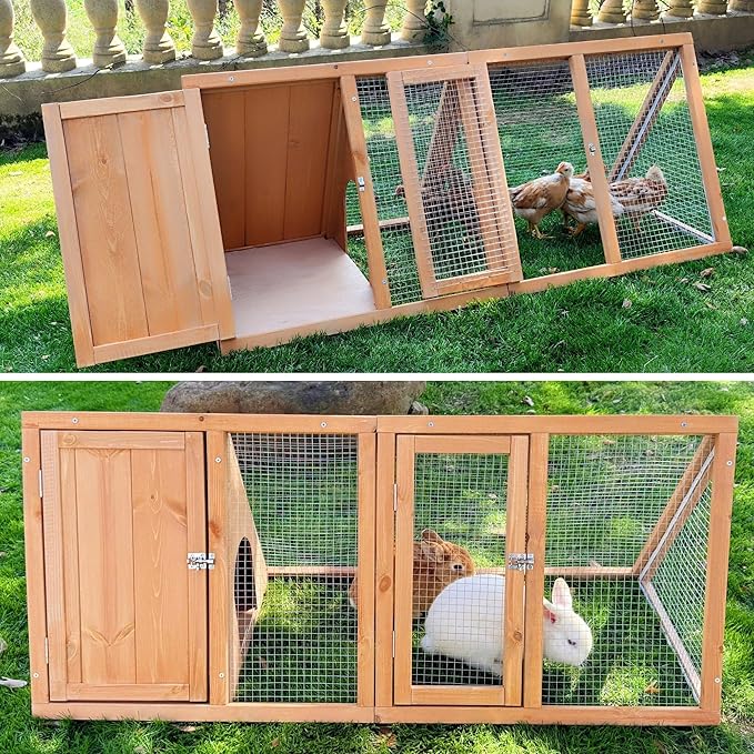 Rabbit Hutch Outdoor Chicken Coop Run A-Frame Bunny Cage Wooden Quail Cage w/ 2 Door & Ventilated Wire Fence Small Animal Cage for Garden Backyard Farms 47 x 18 x 19.5 in
