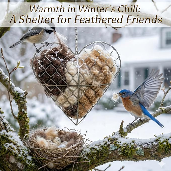 Handmade Alpaca Fiber Bird Nesting Heart - Refillable Heart Shape with Nesting Material, Winter Shelter for Wild Birds & Hummingbirds, Garden Decor Gift for Bird Lovers (1 Set)