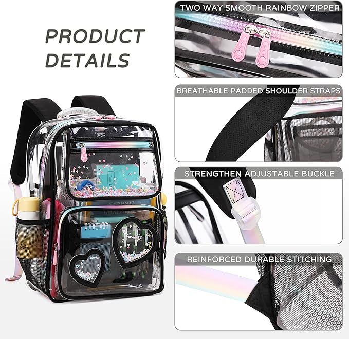 Clear Backpack for Girls,Clear Bookbag Heavy Duty Transparent Backpacks for Stadium Events, See Through Back Pack for Kindergarten Elementary Middle High School (Black)