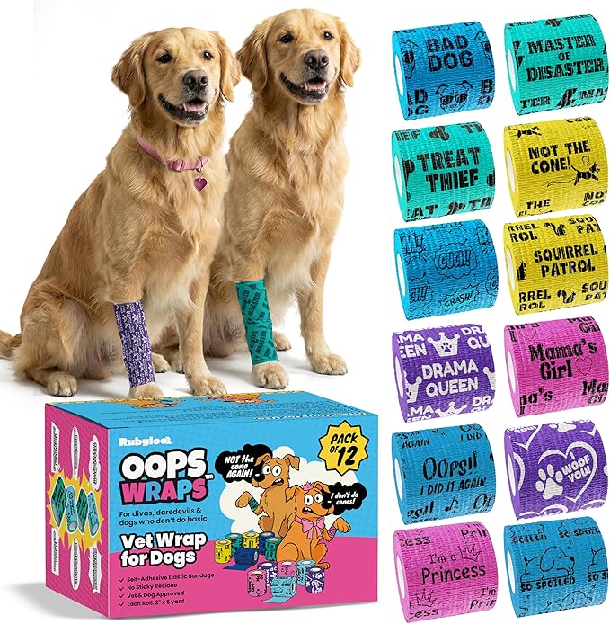 rubyloo Vet Wrap for Dogs – Funny Dog Bandage for Wounds - 12 Pack of 2" Self-Adhesive Vet Tape - Breathable Pet Wrap Bandage for Hot Spots & Injuries, Dog First Aid Kit Supplies - Oops Wraps