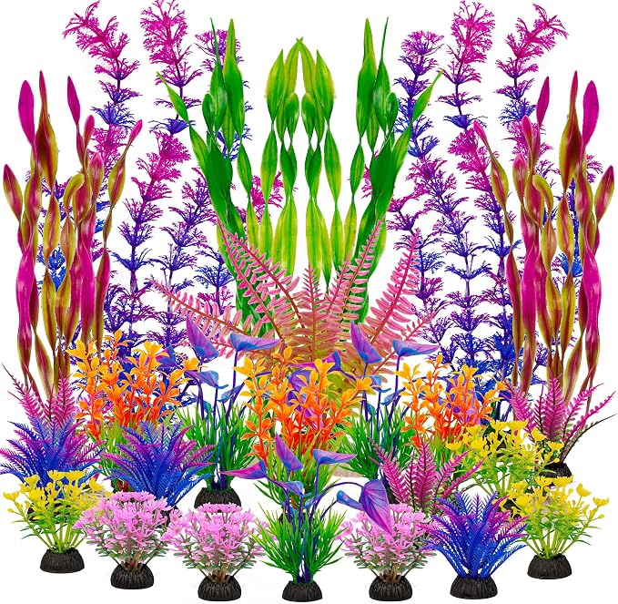 Ameliade Artificial Aquarium Plastic Plants Fish Tank Decorations, 25PCS | Large Colorful Aquarium Decor, Betta Goldfish Tank Accessories, Fish Bowl Tall Ornaments