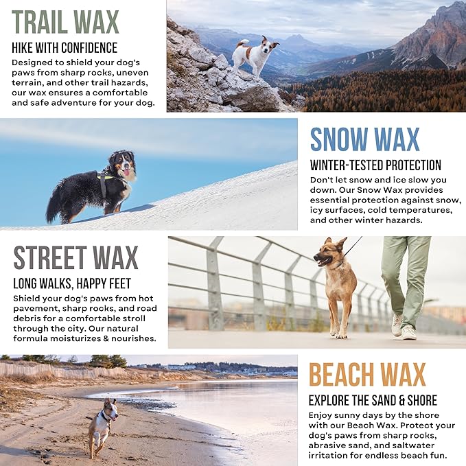 Rhino Wax - All-Terrain Dog Paw Waxes - 4 Protective Balms (Trail + Street + Beach + Snow) - Each Wax for Dogs is Specifically Formulated for Outdoor Environments - Natural Lick-Safe Ingredients - USA
