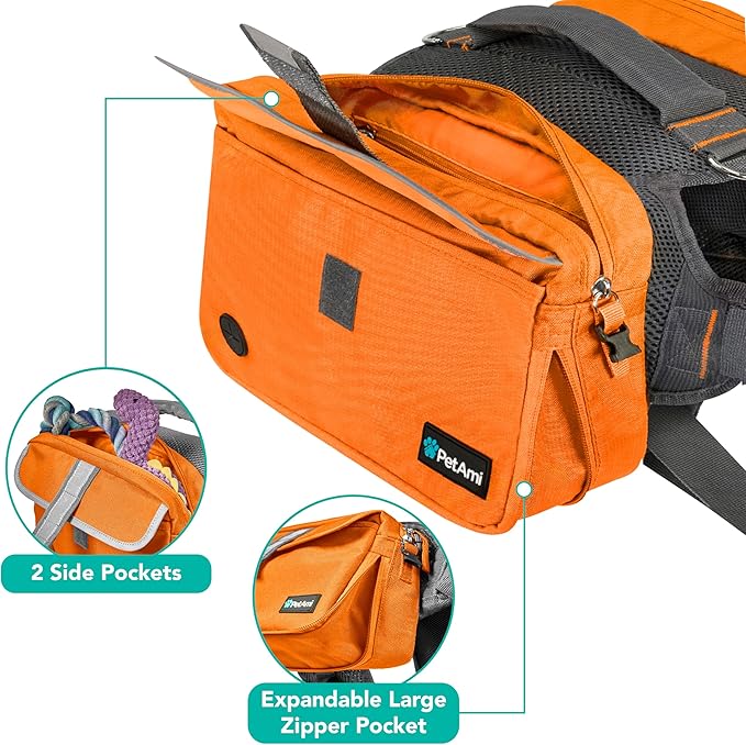 PetAmi Dog Backpack for Medium & Large Dogs, Saddle Bag for Dogs to Wear for Hiking, Pet Backpack Harness Dog Pack with Reflective Side Pockets for Walking Running
