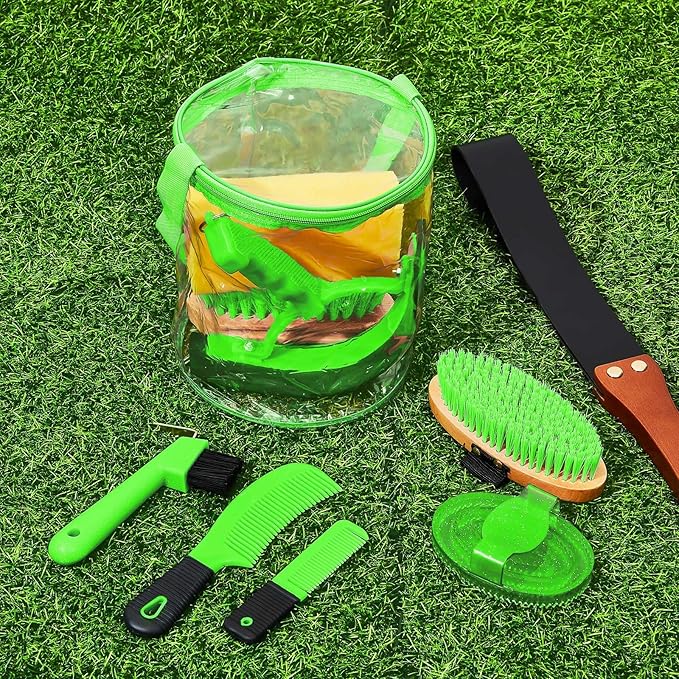 Cunhill 9 Pcs Horse Grooming Kit Tack Room Supplies Set with Tote Bag, Oval Massage Curry, Hard and Soft Brush, Hoof Pick, Sweat Scraper, Bathing Sponge, Comb for Horse Rider(Cute,Green)