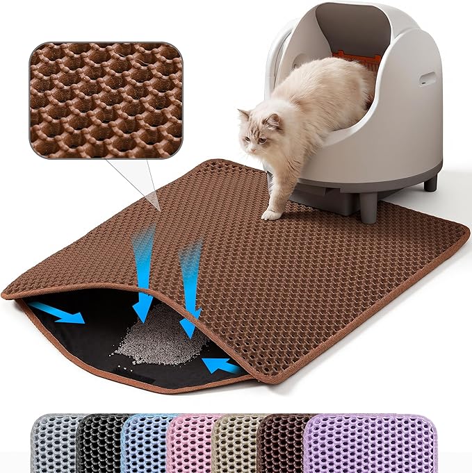 Cat Litter Mat, 24x18 Inches Large Double Layer Honeycomb Cat Litter Trapping Mat, Non Slip Waterproof Urine Proof Cat Litter Box Mat for Floor, Kitty Litter Rug, Cat Supplies, Brown
