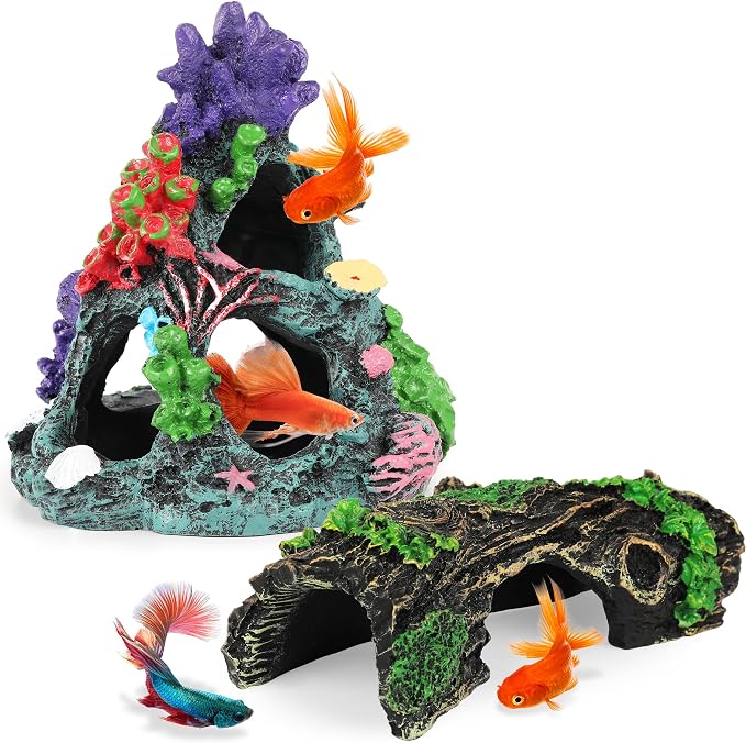 MyLifeUNIT Fish Tank Decor, 2 Pack Artificial Aquarium Coral Reef Rock Decorations for Betta, Goldfish to Breed, Play, Hide and Rest (Coral Reef Mountain+Hollow Tree Trunk)