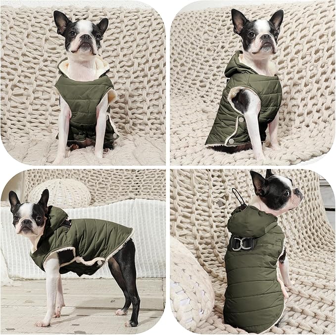 Vecomfy Fleece Lining Dog Hoodie with Harness Built in,Extra Warm Large Dog Jacket in Winter Doggie Coats with Drawstring Hooded,Green XXXL