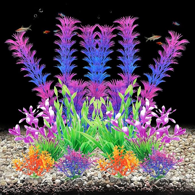AQUANEAT Artificial Fish Tank Plants, Aquarium Decorations, Purple Plastic Accessories, 10pcs