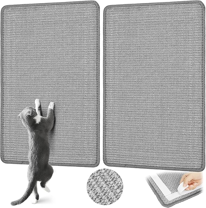 Graciadeco Gray Cat Scratching Mat Sisal, 2 Packs Sisal Fabric Large Cat Scratching Pad for Indoor Cats with Adhesive Hook Loop Tape, Wall Scratchers for Indoor Cats 23.6" x 15.7"