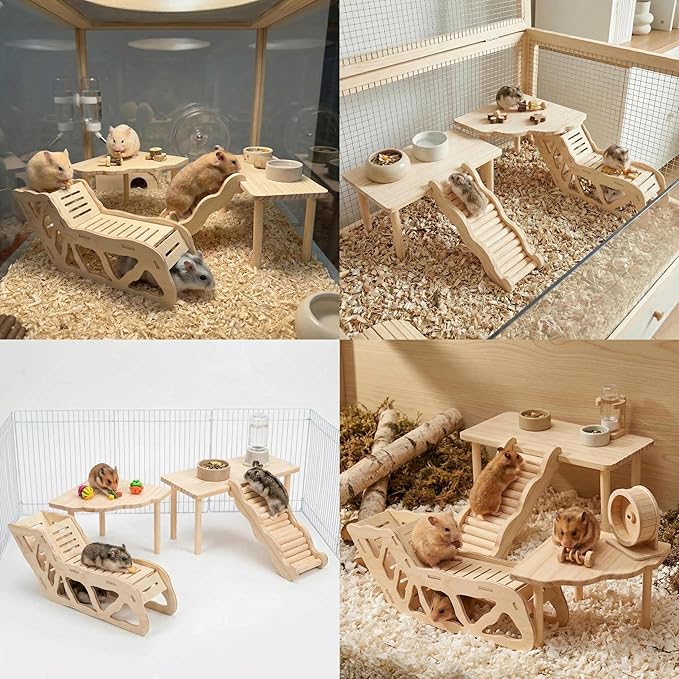 4 Pcs Hamster Platform Wooden Tunnel Ladder Hidden Play House Hamster Game Climbing Toy with Platform, Decor Toy cage Accessories for Dwarf Syrian Mice Degus Gerbils Squirrel and Other Small Pets