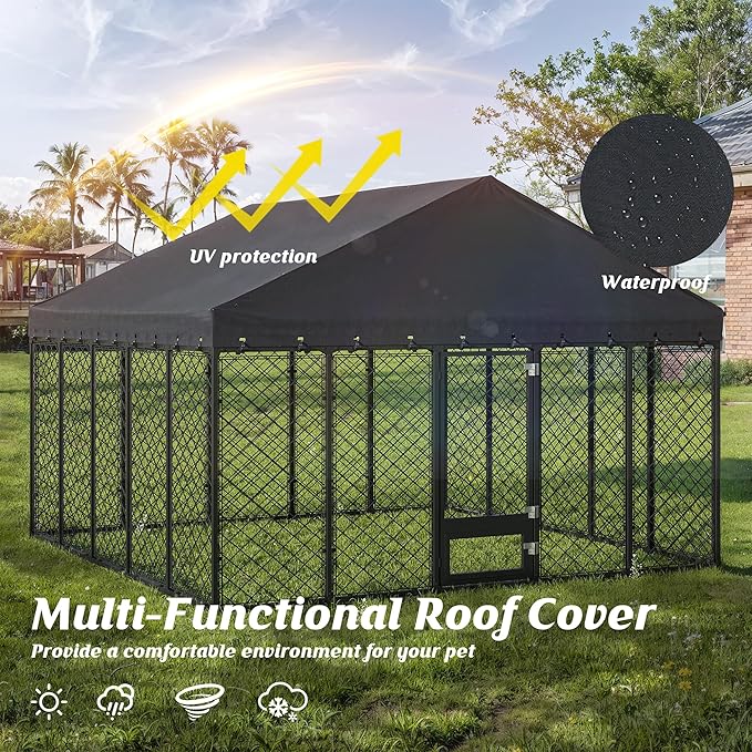 10x10FT Dog Kennel Outdoor with Roof - Heavy Duty Metal Fence Playpen for Large Dogs, Weatherproof Enclosure with Double Lock Gate & Feeding Swivel Door